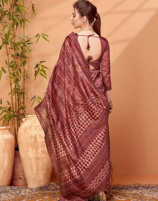 Maroon printed embroidered saree with matching blouse 3
