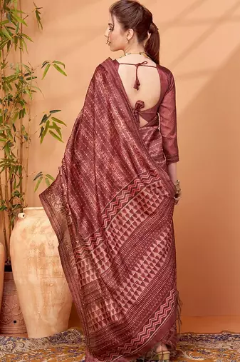 Maroon printed embroidered saree with matching blouse