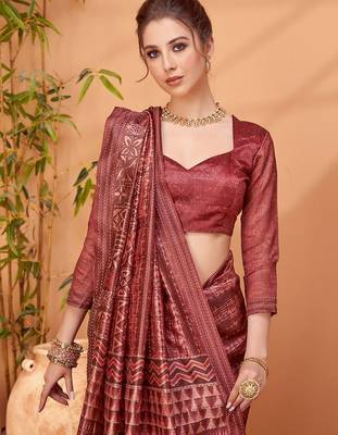 Maroon printed embroidered saree with matching blouse 4