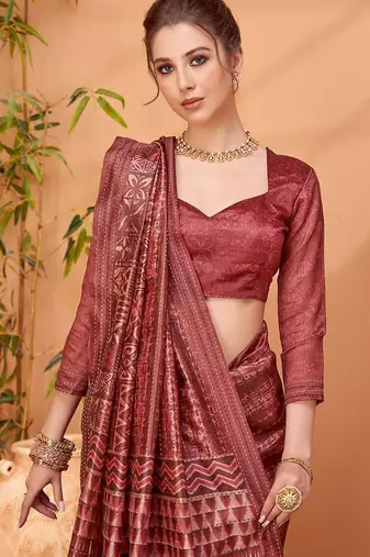 Maroon printed embroidered saree with matching blouse