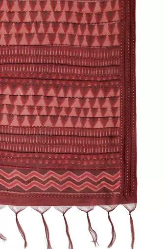 Maroon printed embroidered saree with matching blouse