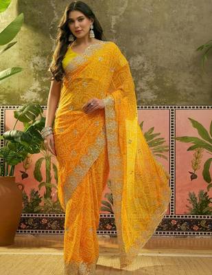 Yellow bandhani printed sarees 1