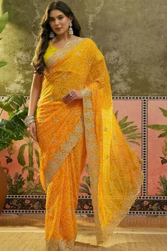 Yellow bandhani printed sarees