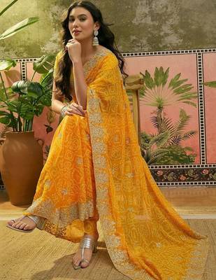 Yellow bandhani printed sarees 2