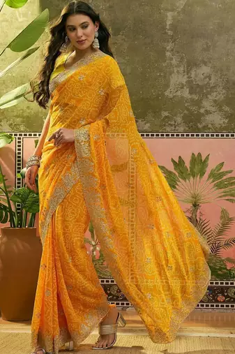 Yellow bandhani printed sarees