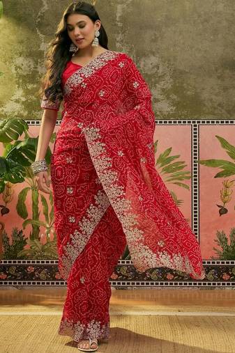 Red bandhani printed sarees