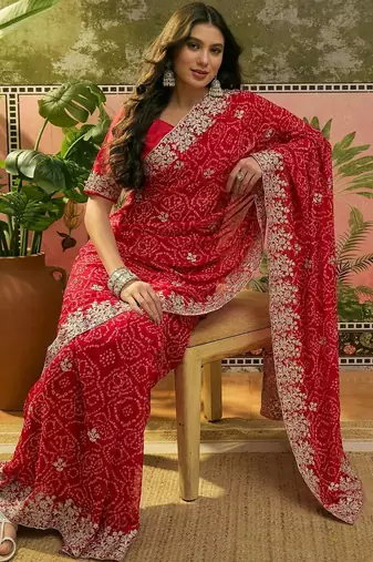 Red bandhani printed sarees