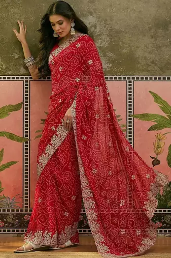 Red bandhani printed sarees