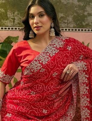 Red bandhani printed sarees 5