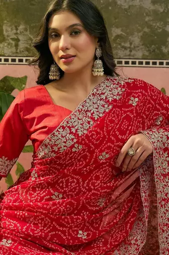 Red bandhani printed sarees