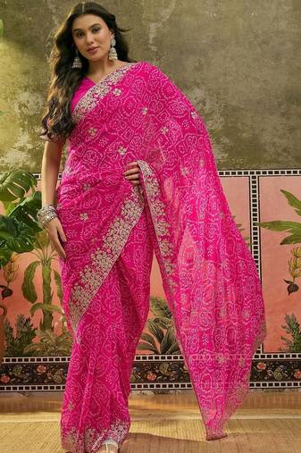 Pink bandhani printed  sarees