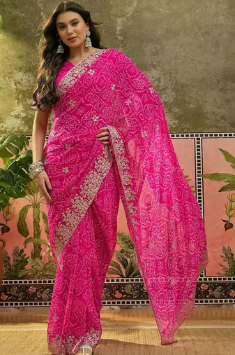 Pink bandhani printed  sarees