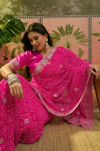 Pink bandhani printed  sarees