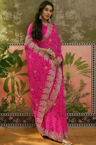 Pink bandhani printed  sarees
