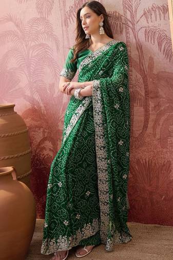 Green bandhani printed sarees