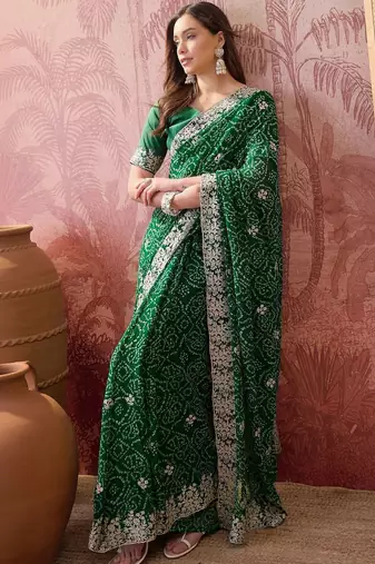 Green bandhani printed sarees