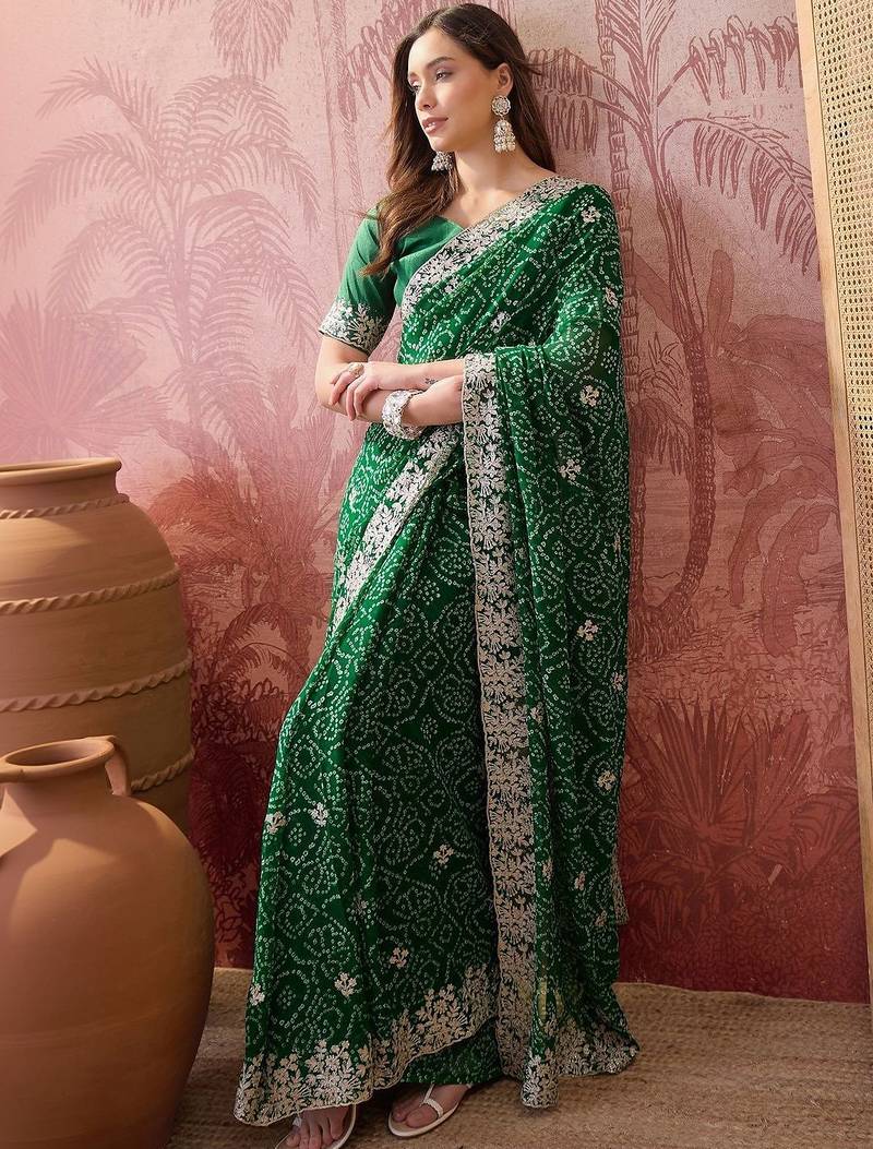 Green bandhani printed sarees