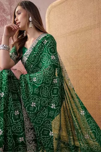 Green bandhani printed sarees