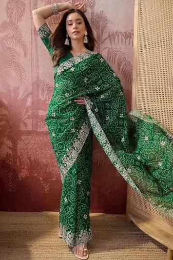 Green bandhani printed sarees