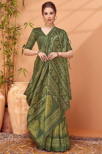 Olive abstract printed embroidered kantha work saree
