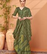 Olive abstract printed embroidered kantha work saree
