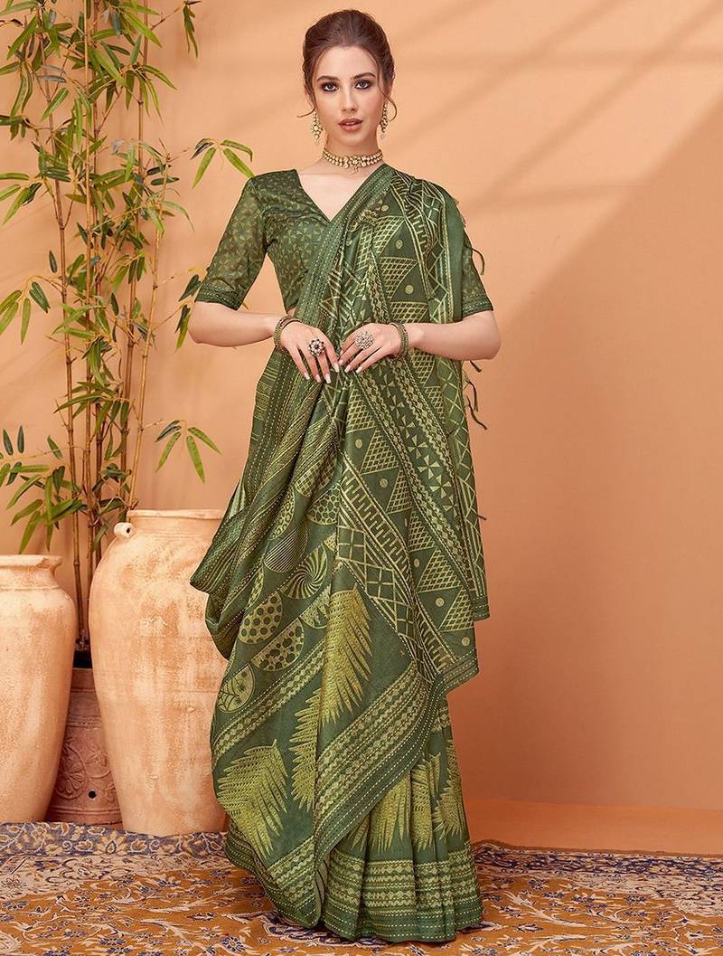 Olive abstract printed embroidered kantha work saree