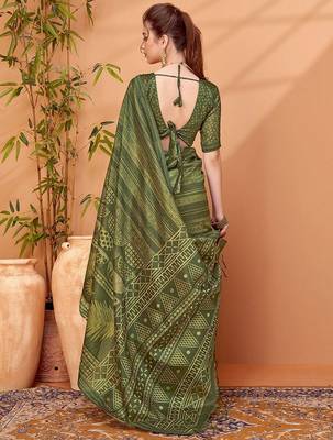 Olive abstract printed embroidered kantha work saree 2