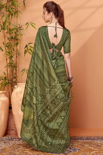 Olive abstract printed embroidered kantha work saree