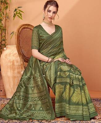 Olive abstract printed embroidered kantha work saree 3