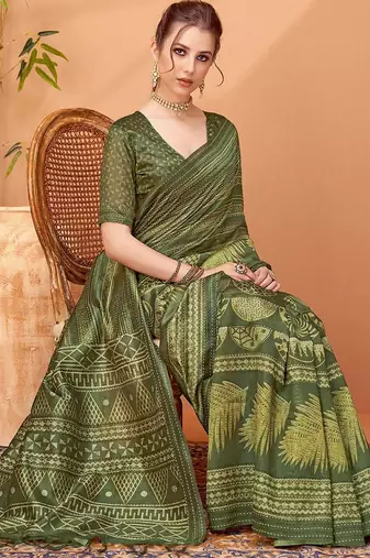 Olive abstract printed embroidered kantha work saree