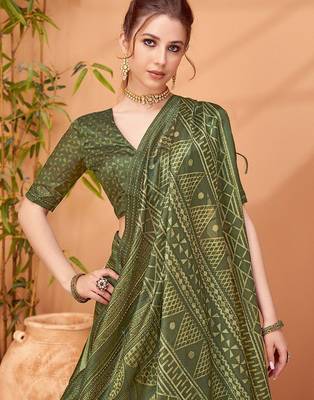 Olive abstract printed embroidered kantha work saree 4