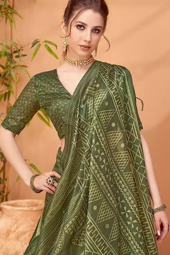 Olive abstract printed embroidered kantha work saree