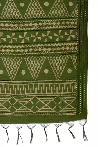 Olive abstract printed embroidered kantha work saree
