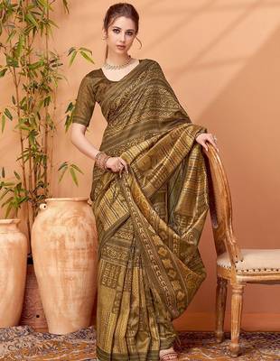 Brown women ethnic printed party wear saree with matching blouse 1