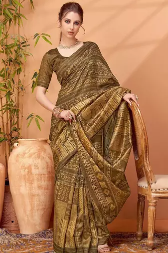 Brown women ethnic printed party wear saree with matching blouse