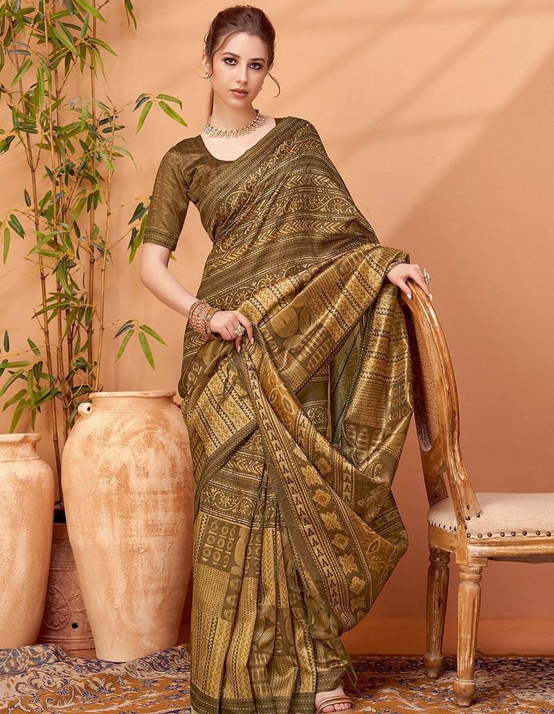 Brown women ethnic printed party wear saree with matching blouse