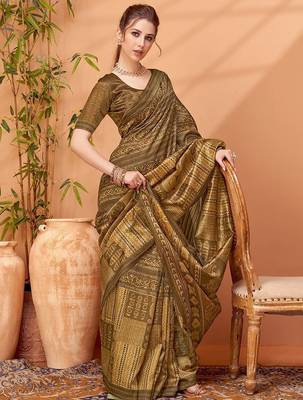Brown women ethnic printed party wear saree with matching blouse 2