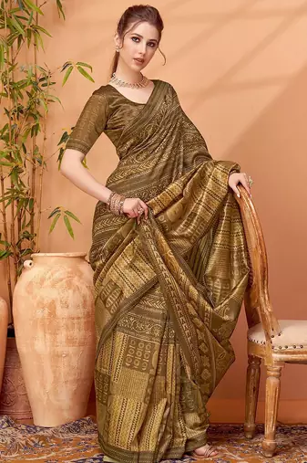 Brown women ethnic printed party wear saree with matching blouse