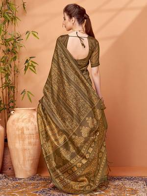 Brown women ethnic printed party wear saree with matching blouse 3