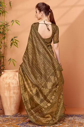 Brown women ethnic printed party wear saree with matching blouse