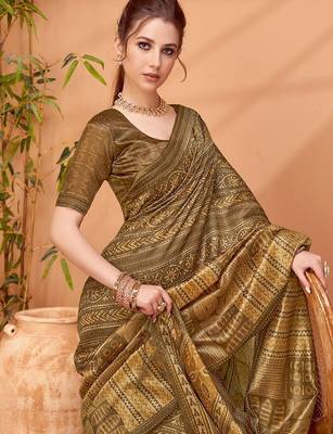 Brown women ethnic printed party wear saree with matching blouse 4