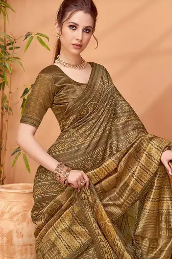 Brown women ethnic printed party wear saree with matching blouse