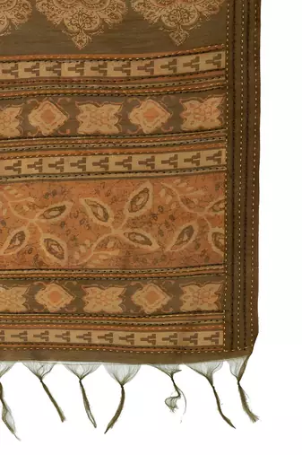 Brown women ethnic printed party wear saree with matching blouse