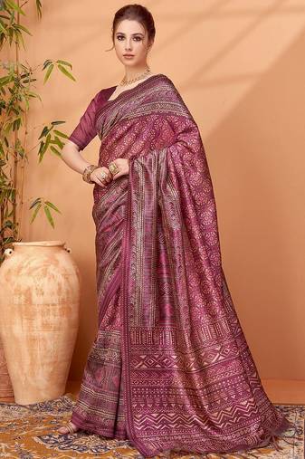 Magenta abstract printed saree with matching blouse