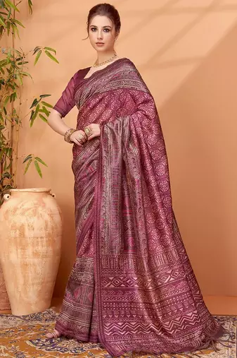 Magenta abstract printed saree with matching blouse
