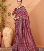 Magenta abstract printed saree with matching blouse