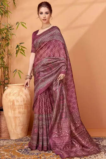 Magenta abstract printed saree with matching blouse