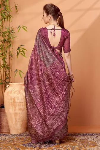 Magenta abstract printed saree with matching blouse
