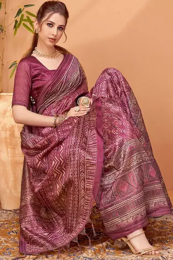 Magenta abstract printed saree with matching blouse