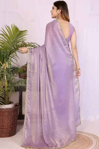 Lavender embellished border saree with blouse piece